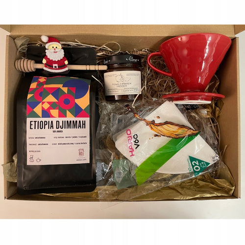 Zestaw prezentowy BOX, świeżo palona kawa, konfitura, dripper i filtry w ozdobnym pudełku kraft